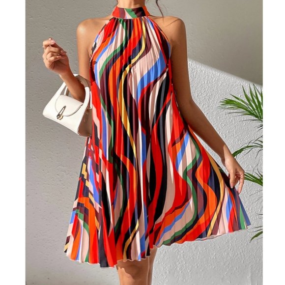 Keyhole Back Halter Neck Pleated Detail Mini Dress - Picture 1 of 7